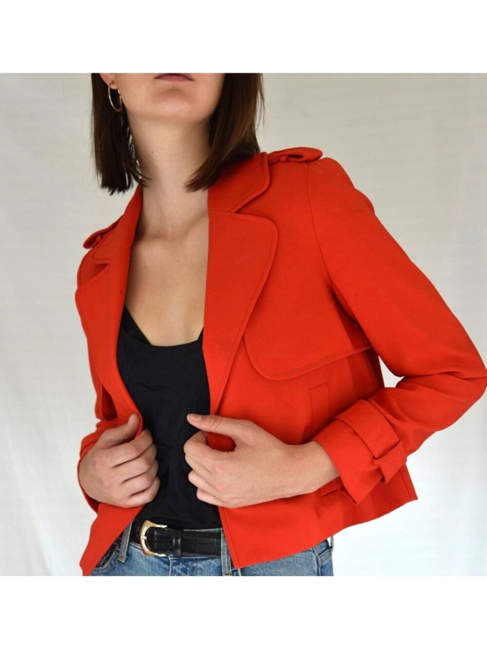 Zara Basic Red-Orange Open Front Trench-Style Cropped Blazer Jacket Size M